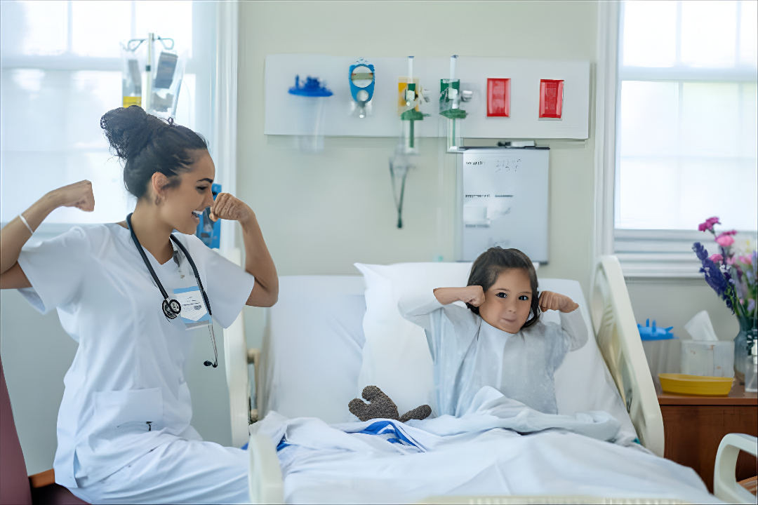 Nurse and young patient flexing together at Opal Hospital